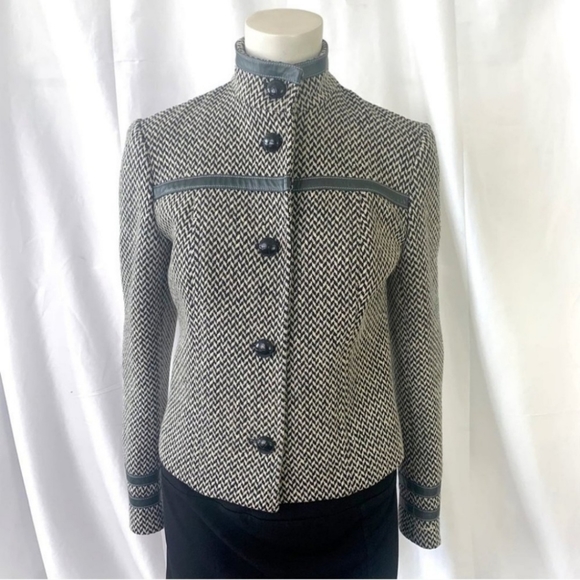 MICHAEL KORS BLACK WHITE COAT WOOL JACKET FULLY LINED LEATHER WOMEN SIZE 4 - Picture 2 of 6